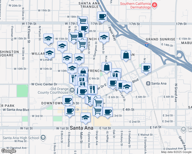 map of restaurants, bars, coffee shops, grocery stores, and more near 303 East 9th Street in Santa Ana