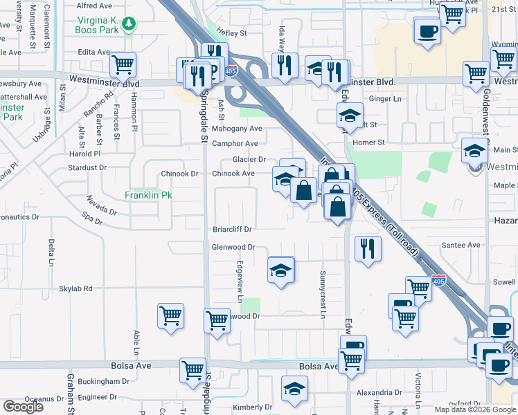 map of restaurants, bars, coffee shops, grocery stores, and more near 14401 Fairview Lane in Huntington Beach