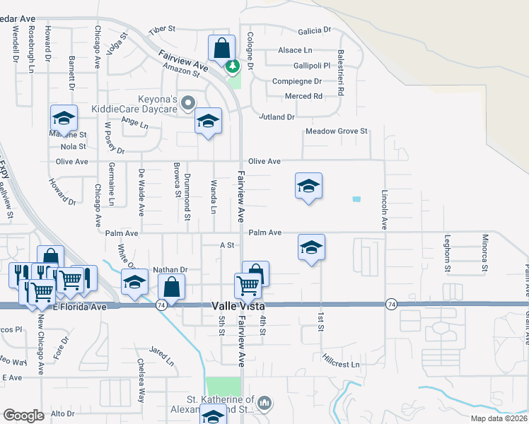 map of restaurants, bars, coffee shops, grocery stores, and more near 44063 Lately Circle in Hemet