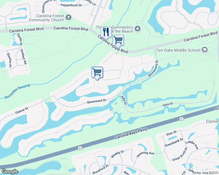map of restaurants, bars, coffee shops, grocery stores, and more near 200 Shoreward Drive in Myrtle Beach