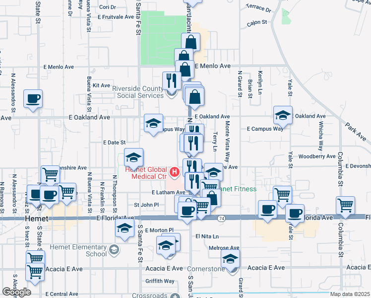 map of restaurants, bars, coffee shops, grocery stores, and more near 397 East Date Street in Hemet
