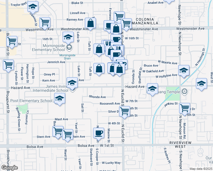 map of restaurants, bars, coffee shops, grocery stores, and more near Lotus Drive in Garden Grove