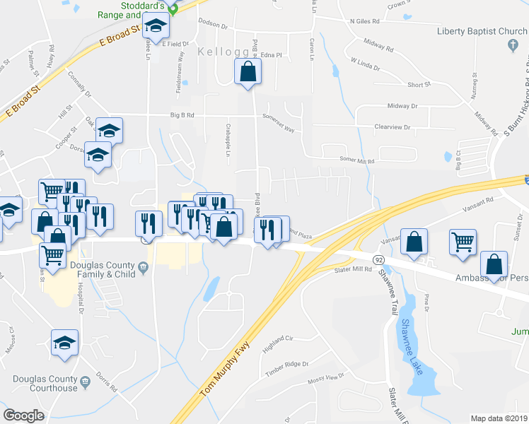 map of restaurants, bars, coffee shops, grocery stores, and more near 8388 Cherokee Boulevard in Douglasville