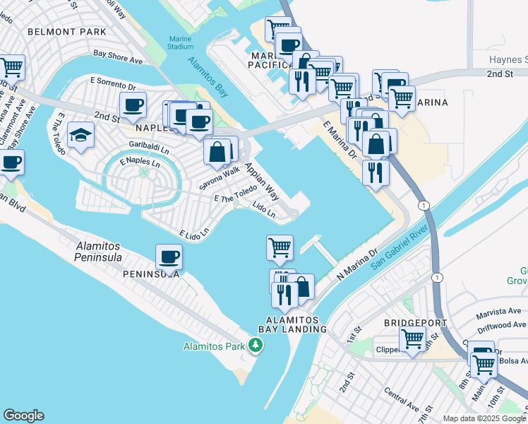 map of restaurants, bars, coffee shops, grocery stores, and more near 6048 Lido Lane in Long Beach