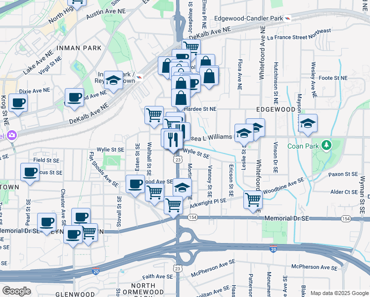 map of restaurants, bars, coffee shops, grocery stores, and more near 1190 Wylie Street Southeast in Atlanta