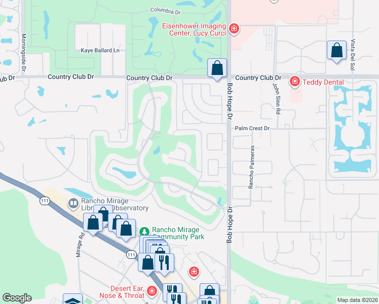 map of restaurants, bars, coffee shops, grocery stores, and more near 19 Granada Drive in Rancho Mirage