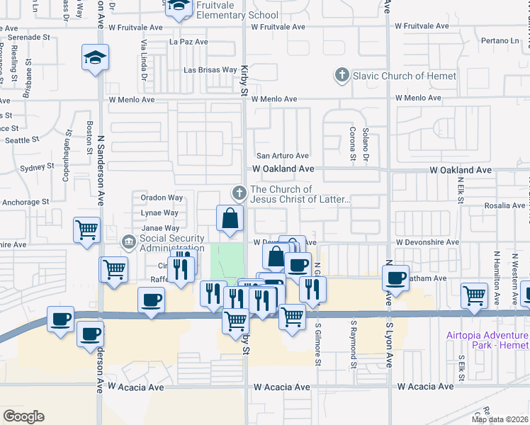 map of restaurants, bars, coffee shops, grocery stores, and more near 2395 Cristobal Avenue in Hemet