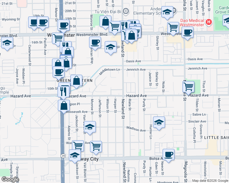 map of restaurants, bars, coffee shops, grocery stores, and more near 8412 Sterling Way in Westminster