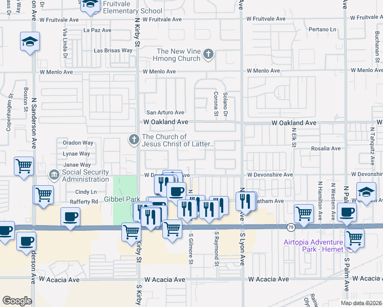map of restaurants, bars, coffee shops, grocery stores, and more near 2119 Casita Court in Hemet