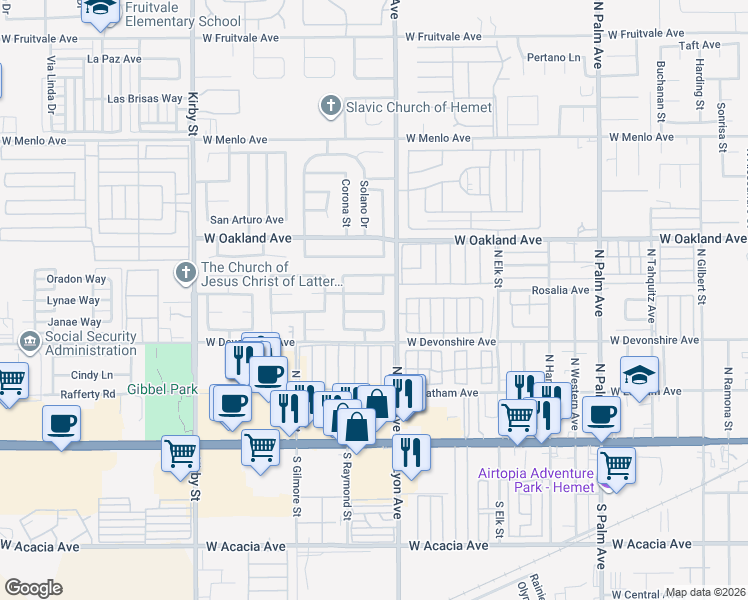 map of restaurants, bars, coffee shops, grocery stores, and more near 1861 Calle Diablo in Hemet