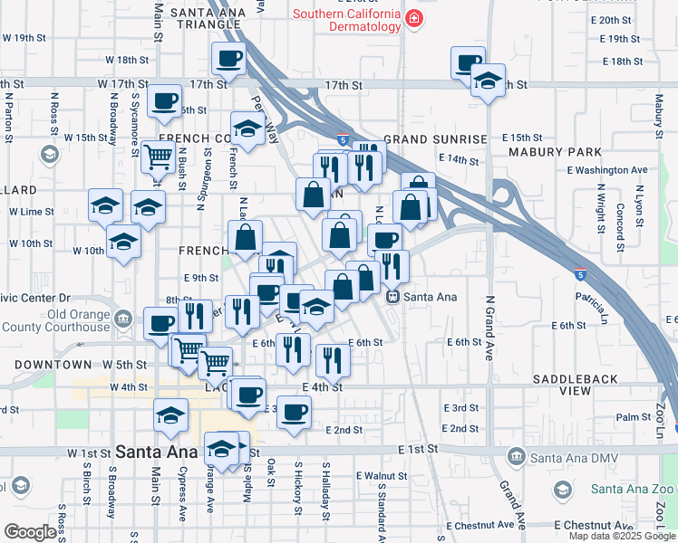 map of restaurants, bars, coffee shops, grocery stores, and more near 906 Civic Center Drive East in Santa Ana