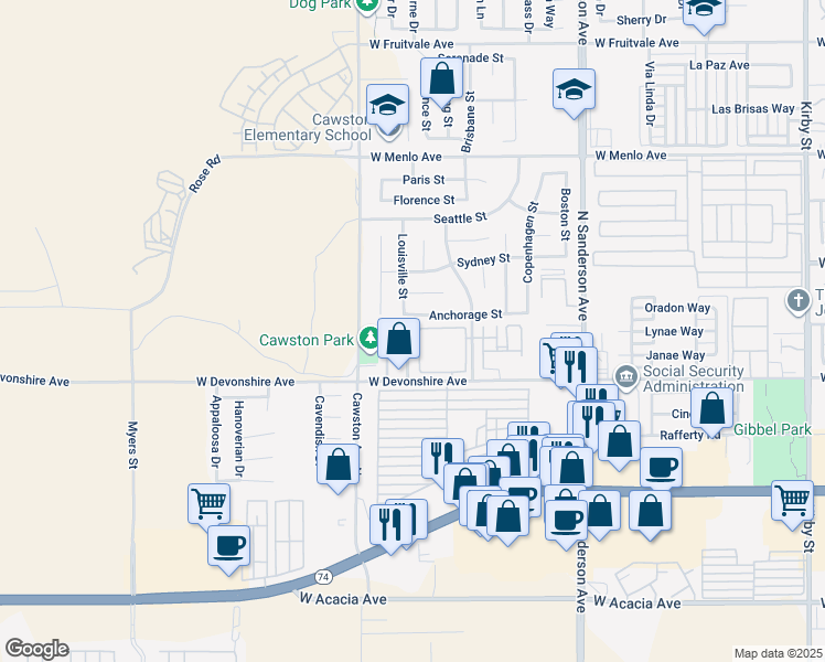 map of restaurants, bars, coffee shops, grocery stores, and more near 3900 Shellish Drive in Hemet