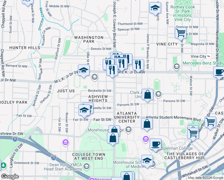 map of restaurants, bars, coffee shops, grocery stores, and more near 77 Joseph E. Lowery Boulevard Northwest in Atlanta