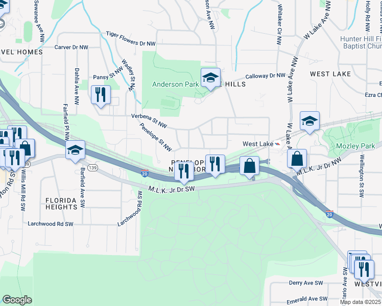 map of restaurants, bars, coffee shops, grocery stores, and more near 61 Howard Street Northwest in Atlanta