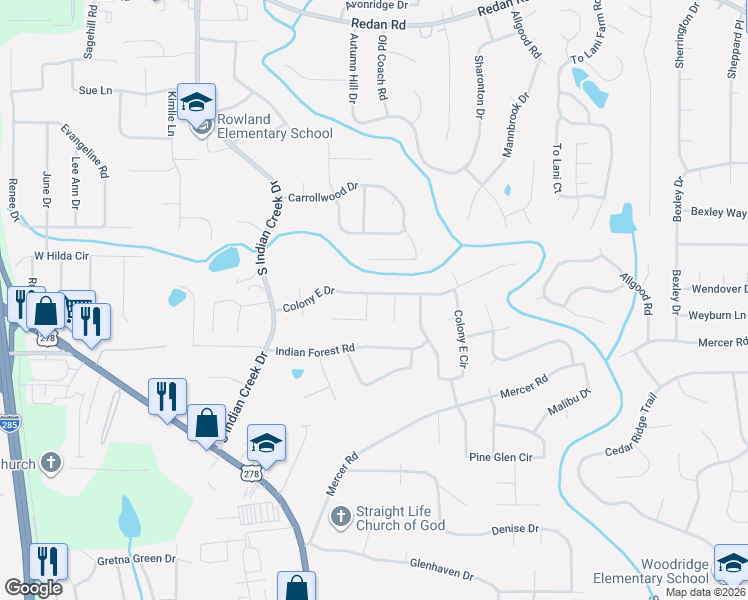 map of restaurants, bars, coffee shops, grocery stores, and more near 1388 Colony Hill Court in Stone Mountain