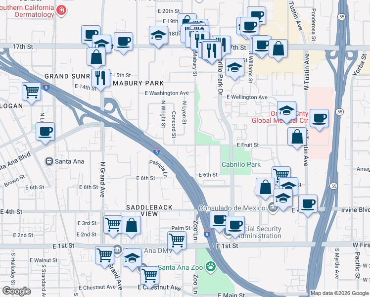 map of restaurants, bars, coffee shops, grocery stores, and more near 1639 East Fruit Street in Santa Ana