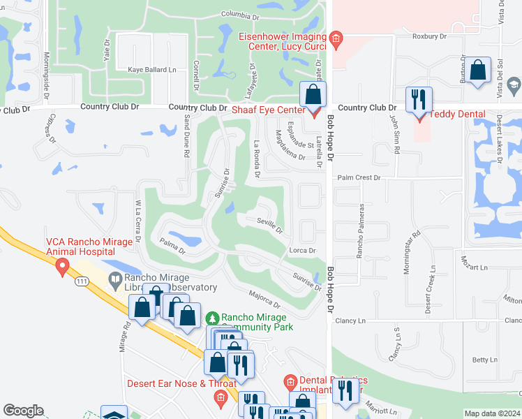 map of restaurants, bars, coffee shops, grocery stores, and more near 12 Granada Drive in Rancho Mirage