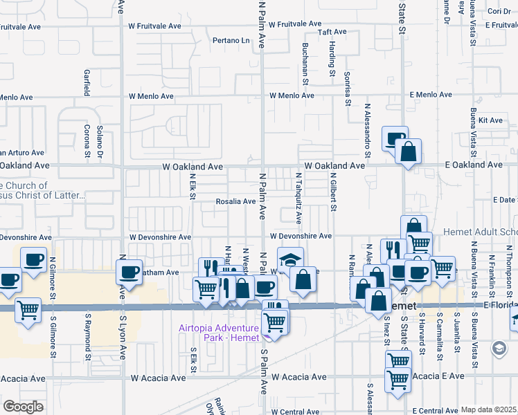map of restaurants, bars, coffee shops, grocery stores, and more near 367 North Palm Avenue in Hemet