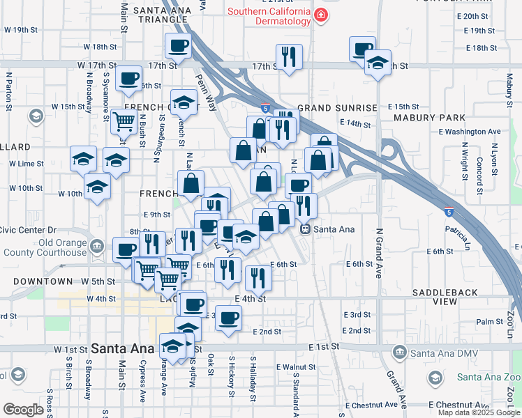 map of restaurants, bars, coffee shops, grocery stores, and more near 949 East Santa Ana Boulevard in Santa Ana