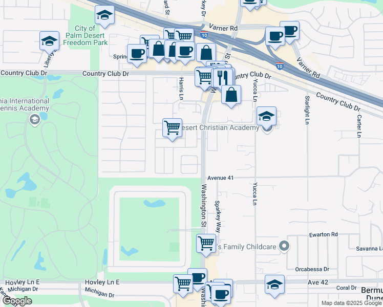 map of restaurants, bars, coffee shops, grocery stores, and more near 77917 Calypso Road in Palm Desert
