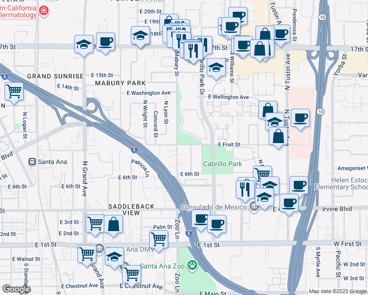 map of restaurants, bars, coffee shops, grocery stores, and more near 1801 East Fruit Street in Santa Ana