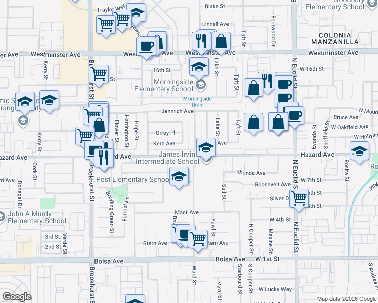 map of restaurants, bars, coffee shops, grocery stores, and more near 14431 Ward Street in Garden Grove