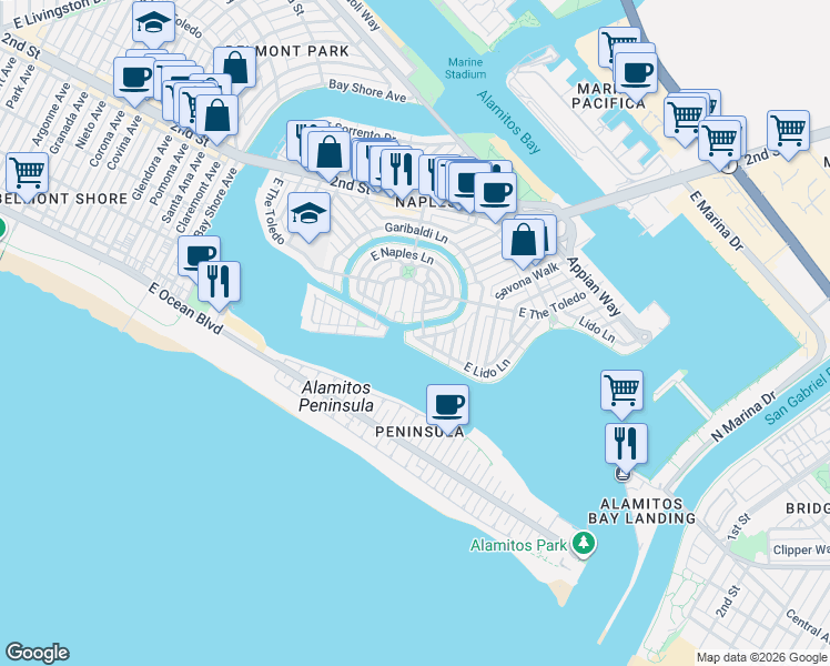 map of restaurants, bars, coffee shops, grocery stores, and more near 218 Rivo Alto Canal in Long Beach