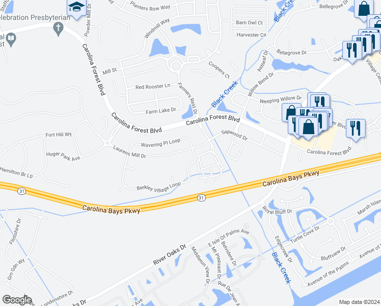 map of restaurants, bars, coffee shops, grocery stores, and more near 2019 Berkley Village Loop in Myrtle Beach