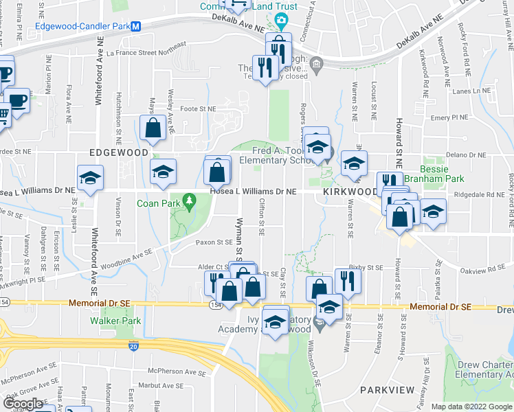 map of restaurants, bars, coffee shops, grocery stores, and more near 23 Clifton Street Southeast in Atlanta