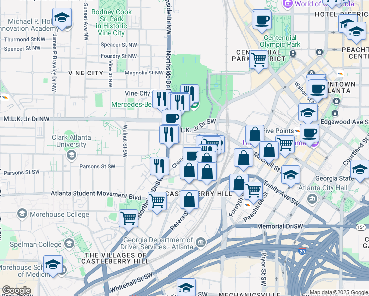 map of restaurants, bars, coffee shops, grocery stores, and more near 448 Markham Street Southwest in Atlanta