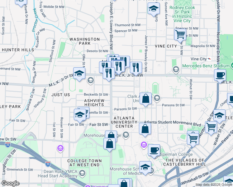 map of restaurants, bars, coffee shops, grocery stores, and more near 897 Drummond Street Southwest in Atlanta
