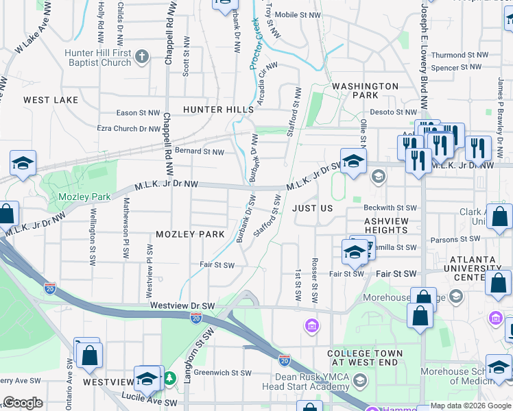 map of restaurants, bars, coffee shops, grocery stores, and more near 88 Burbank Drive Southwest in Atlanta