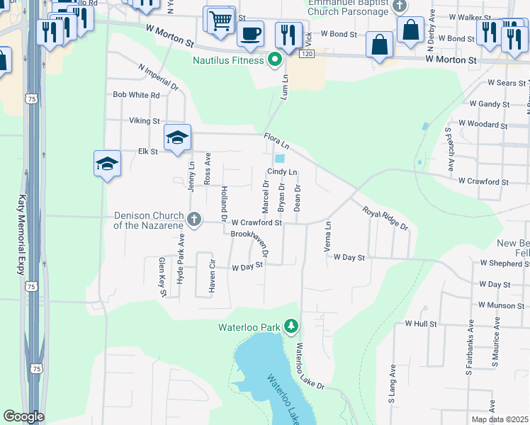 map of restaurants, bars, coffee shops, grocery stores, and more near 529 Marcel Drive in Denison