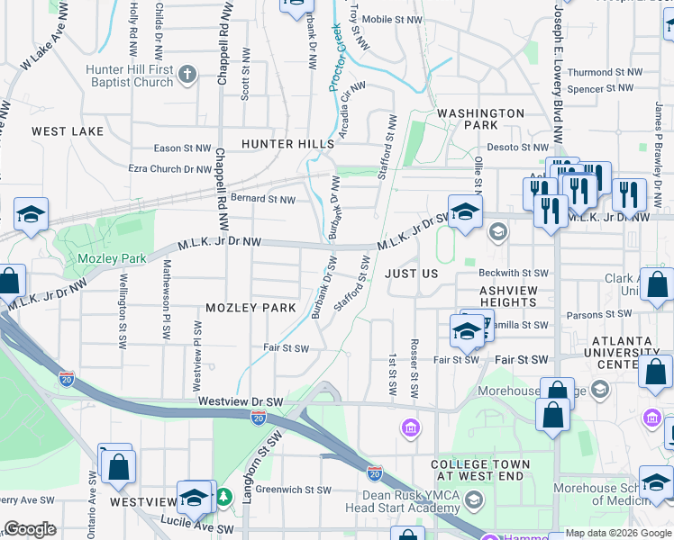 map of restaurants, bars, coffee shops, grocery stores, and more near 88 Burbank Drive Southwest in Atlanta