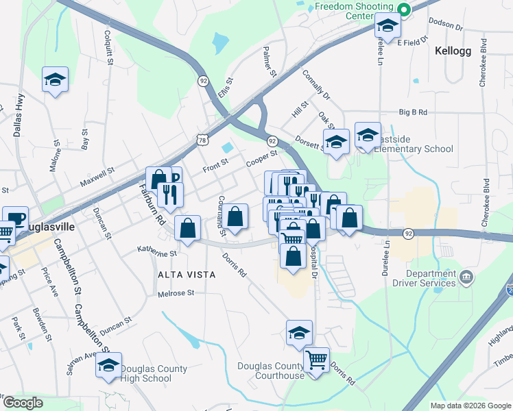 map of restaurants, bars, coffee shops, grocery stores, and more near Triple Crown Drive in Douglasville