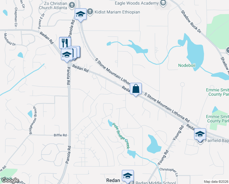 map of restaurants, bars, coffee shops, grocery stores, and more near 5630 Redan Circle in Stone Mountain