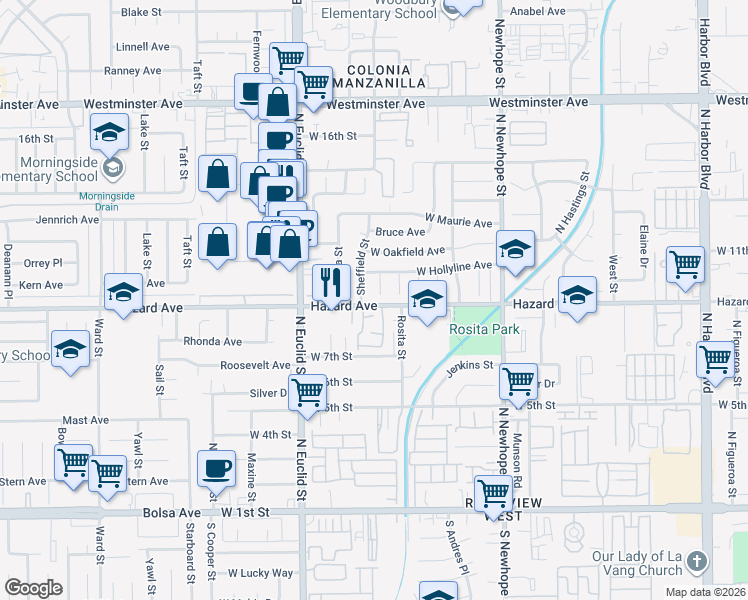 map of restaurants, bars, coffee shops, grocery stores, and more near 902 Alene Circle in Santa Ana