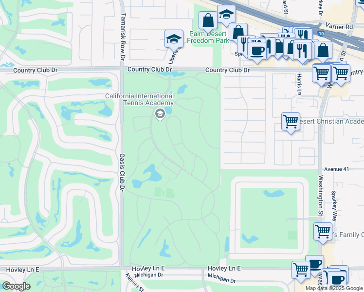 map of restaurants, bars, coffee shops, grocery stores, and more near 40701 La Costa Circle East in Palm Desert