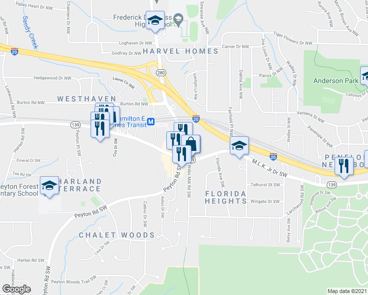 map of restaurants, bars, coffee shops, grocery stores, and more near 35 Hamilton E Holmes Drive Northwest in Atlanta