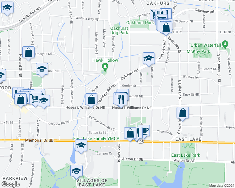 map of restaurants, bars, coffee shops, grocery stores, and more near 629 2nd Avenue Northeast in Decatur