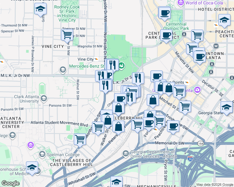 map of restaurants, bars, coffee shops, grocery stores, and more near 400 Markham Street Southwest in Atlanta