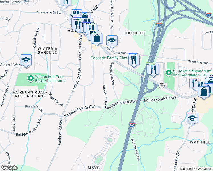 map of restaurants, bars, coffee shops, grocery stores, and more near 152 Nathan Road Southwest in Atlanta