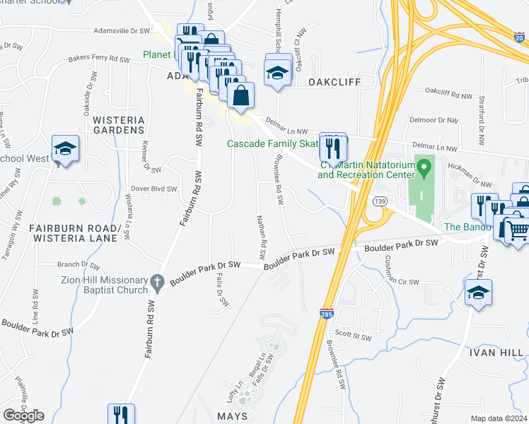 map of restaurants, bars, coffee shops, grocery stores, and more near 137 Brownlee Road Southwest in Atlanta