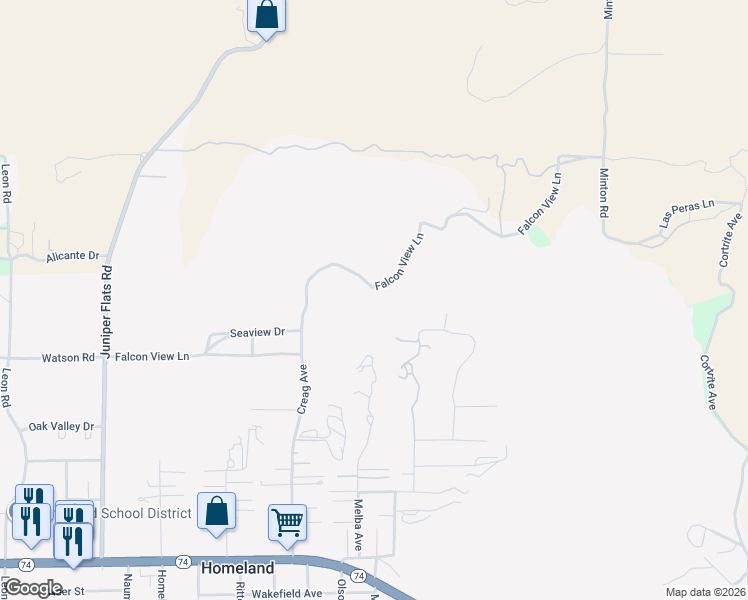 map of restaurants, bars, coffee shops, grocery stores, and more near Falcon View Lane in Homeland