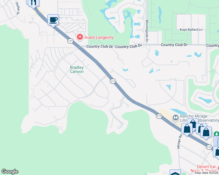 map of restaurants, bars, coffee shops, grocery stores, and more near 70674 Boothill Road in Rancho Mirage