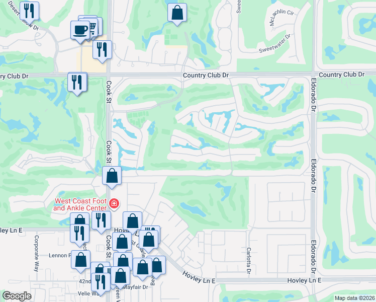 map of restaurants, bars, coffee shops, grocery stores, and more near 220 Green Mountain Drive in Palm Desert