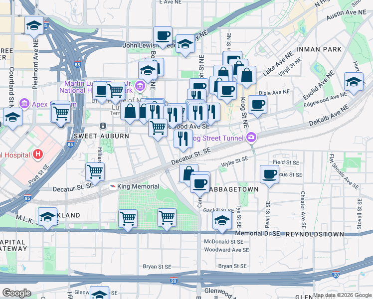 map of restaurants, bars, coffee shops, grocery stores, and more near 55 Bradley Street Southeast in Atlanta