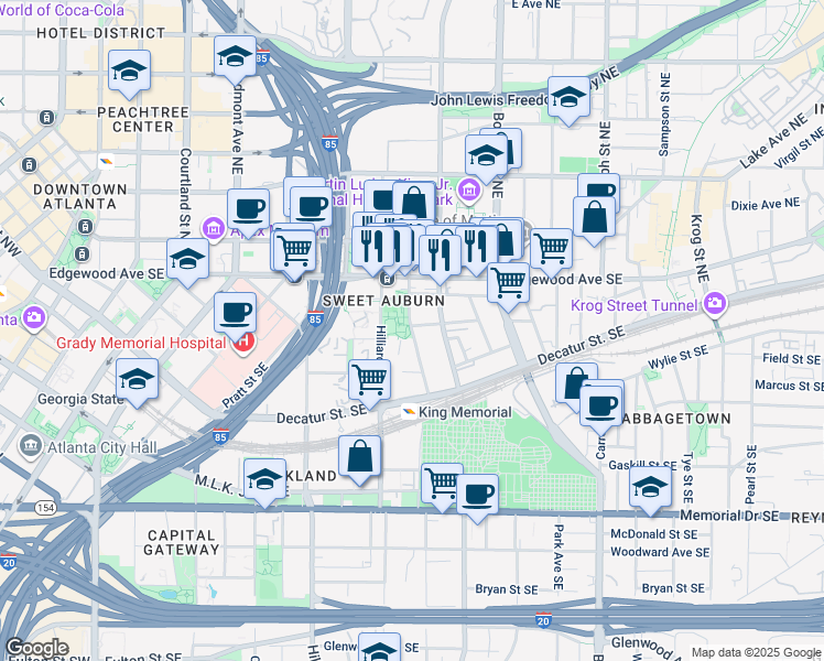 map of restaurants, bars, coffee shops, grocery stores, and more near 89 William Holmes Borders Senior Drive Southeast in Atlanta