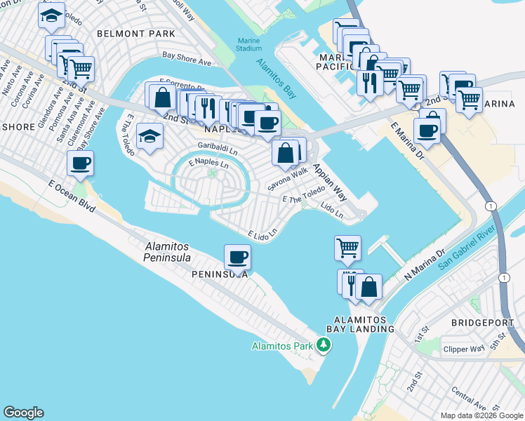 map of restaurants, bars, coffee shops, grocery stores, and more near 57 Savona Walk in Long Beach