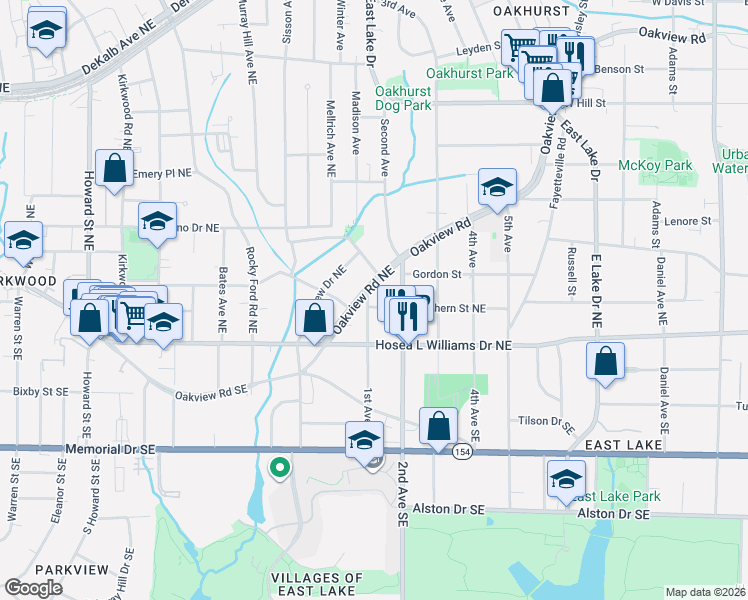 map of restaurants, bars, coffee shops, grocery stores, and more near 1622 Oakview Road in Decatur